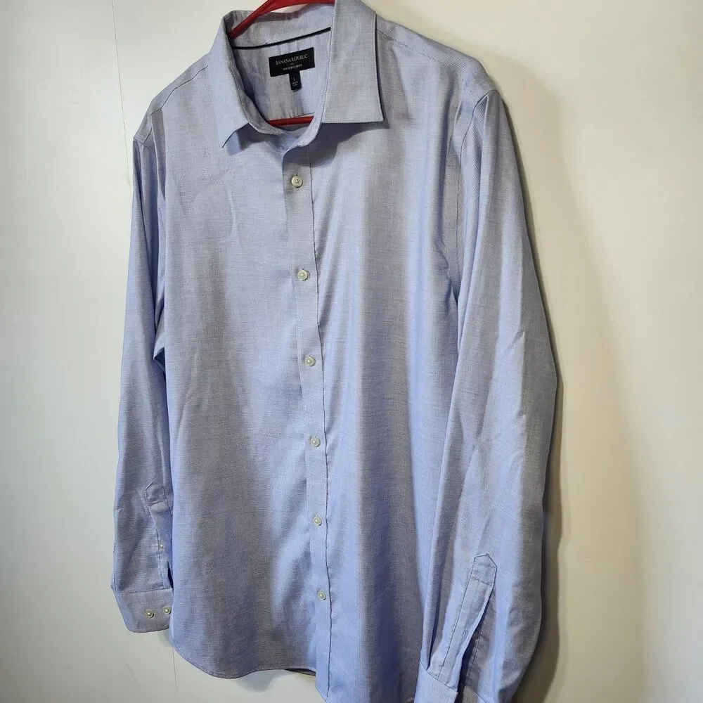 Banana Republic Slim Fit Non-Iron Dress Shirt Blue Dobby Check Large Altered